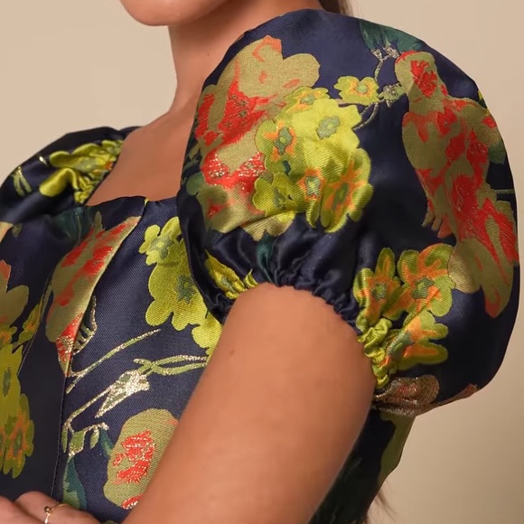 LULU’S “So Stunning Navy Blue Floral Jacquard Puff Sleeve Mini Dress” - Picture 7 of 16